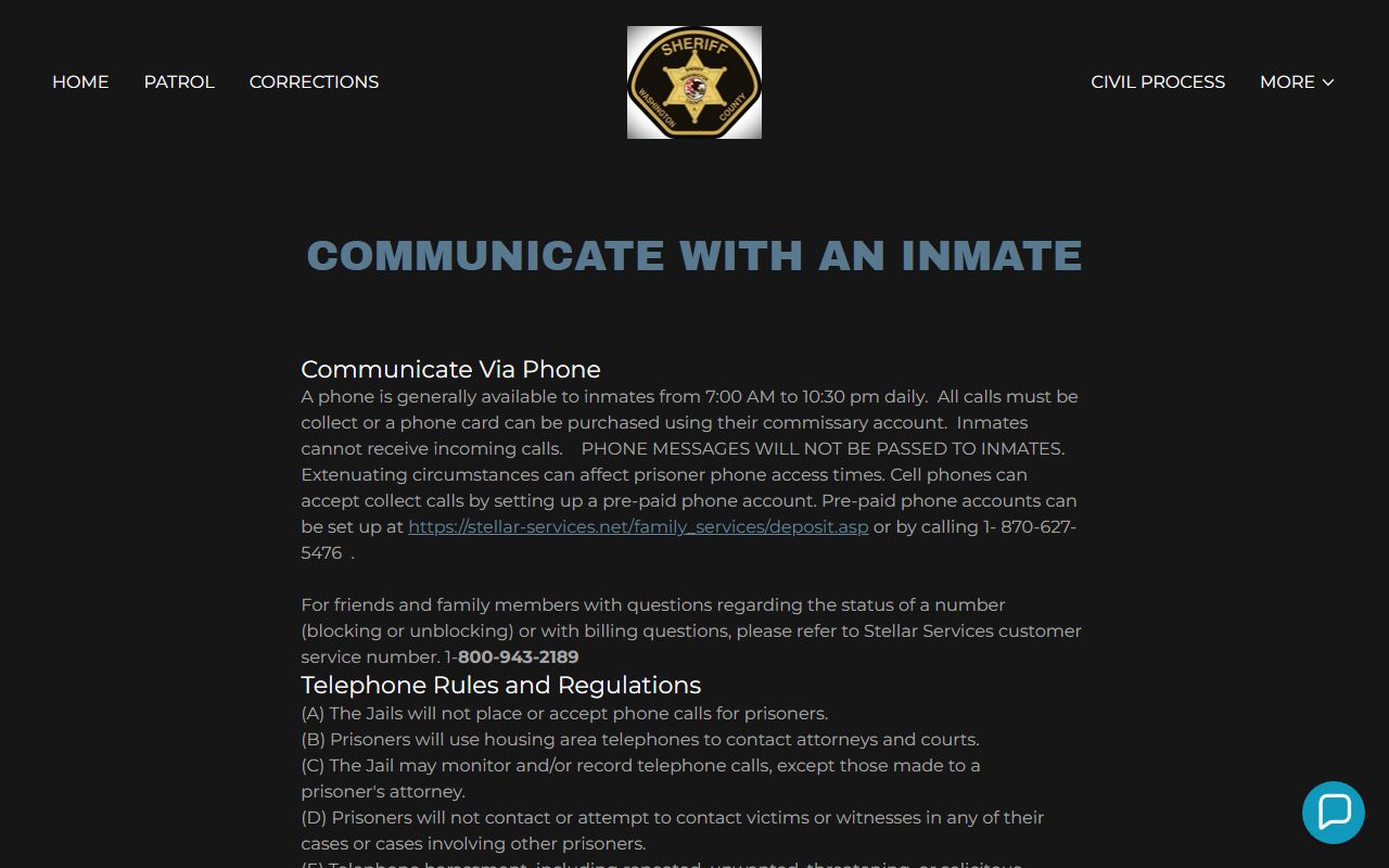 Washington County inmate records phone and mail rules