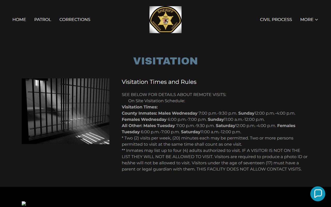 Washington County inmate records visitation bond and commissary information